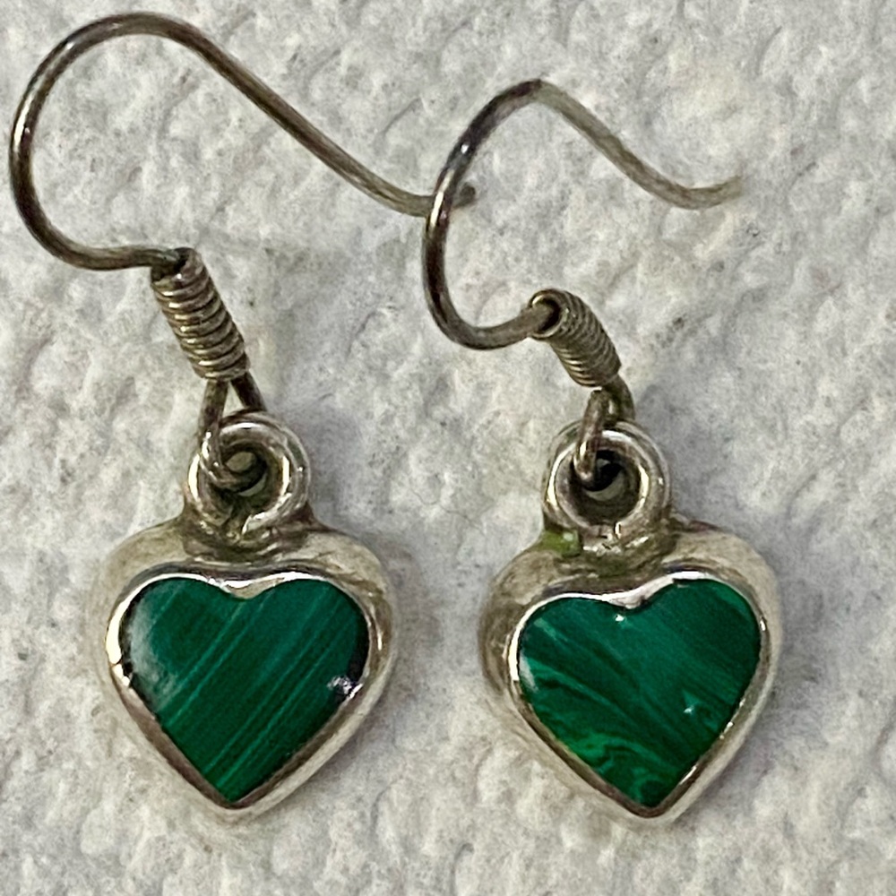 Vintage 925 Mexico Sterling Silver & Malachite Heart Dangle Earrings